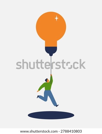 Think outside the box. man rising up while holds a glowing light bulb. Creative solution, successful idea, innovation, big-picture thinking. Business vector illustration
