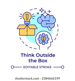 Think outside the box multi color concept icon. Innovative ideas, brainstorm. Creativity, inspiration. Round shape line illustration. Abstract idea. Graphic design. Easy to use in infographic