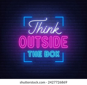 Think outside the box - neon lettering on brick wall background