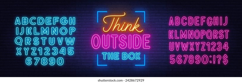 Think outside the box - neon lettering on brick wall background