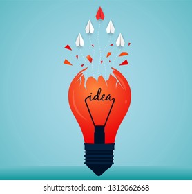 think outside the box. paper plane red and white ejected from  lamp launch to the sky. startup business concept. creative idad. icon. leadership. illustration cartoon vector