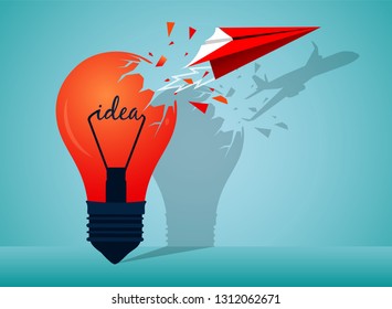 think outside the box. red paper plane ejected from the lamp launch there is a shadow on the wall as an airplane. go to success goal. startup business concept. creative idad. icon illustration vector