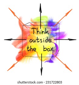 Think outside the box - sketch on multicolor blot. Rainbow splash of colors, hand written text. Motivational concept illustration. Vector EPS 10. On white background. Image contains transparency.