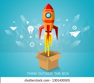 think outside the box. space shuttle launch to the sky ejected from circle. startup business concept. creative. icon rocket. vector illustration paper art