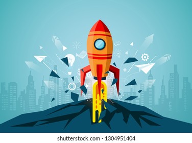 think outside the box. space shuttle launch to the sky. startup business concept. creative iead. icon rocket. leadership. illustration cartoon vector