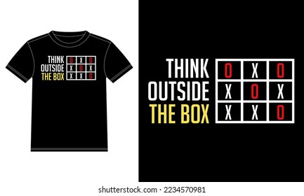 Piensen fuera del diseño de la camiseta de la caja. Cotizaciones motivacionales, plantilla de diseño de camisetas con estilo y a la moda, adhesivo de ventanilla de coche, POD, cubierta, fondo negro aislado
