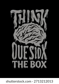 Think Outside the Box Typografie T-Shirt Design mit Brain Illustration auf schwarzem Hintergrund