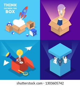 Think outside the box web banner set. Idea of creative thinking and innovation. Brainstorm and creativity. Light bulb as metaphor of solution. Isolated vector isometric illustration