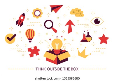 Think outside the box web banner. Idea of creative thinking and innovation. Brainstorm and creativity. Set of colorful icons. Isolated flat vector illustration