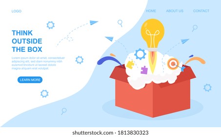 Think Outside the Box plantilla de página web con un cohete de bombilla de luz que explota desde un cartón rojo en una ducha de chispas y espacio de copia para texto, ilustración de vector de color