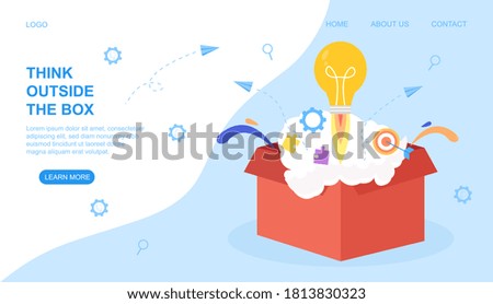 Think Outside the Box web page template with a light bulb rocket exploding from a red carton in a shower of sparks and copyspace for text, colored vector illustration