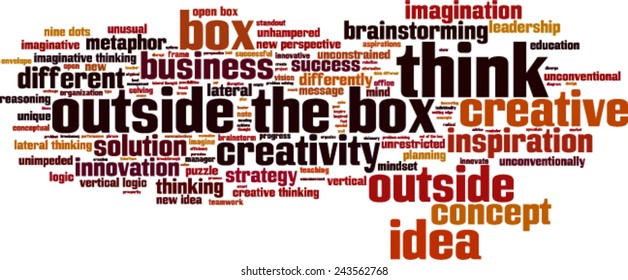 Think outside the box word cloud concept. Vector illustration