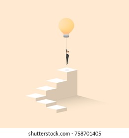 Think outside business concept, businessman having unique creative idea for solution. Businessman flying with light bulb. Vector illustration.