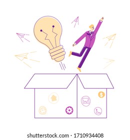 Think Outside Concept. Businessman Character Take Off Huge Box like Super Hero front of Glowing Light Bulb, Creativity, Insight Innovative Methods and Outstanding Thinking. Linear Vector Illustration