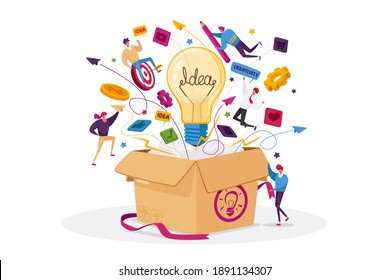 Think Outside Concept. Tiny Male or Female Business Characters Fly around of Huge Carton Box with Light Bulb, Stationery, Media Icons and Office Supplies Flying Out. Cartoon People Vector Illustration