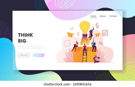 Think Outside Landing Page Template. Tiny Characters Sitting on Huge Carton Box with Light Bulb, Paper Airplanes and Businessman with Rocket Engine Flying Out. Cartoon People Vector Illustration
