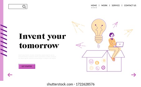 Think Outside Landing Page Template. Business Woman Character Sitting on Huge Open Carton Box with Glowing Light Bulb and Flying Airplanes. Innovation Ideas and Projects. Linear Vector Illustration