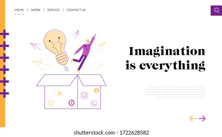 Think Outside Landing Page Template. Businessman Character Take Off Huge Box like Super Hero front of Glowing Light Bulb. Creativity, Insight and Outstanding Thinking. Linear Vector Illustration