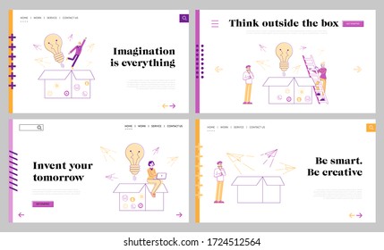 Think Outside Landing Page Template Set. Tiny Characters around of Huge Carton Box with Light Bulb, Paper Airplanes Flying Out and Businesspeople Work om Laptops. Linear People Vector Illustration