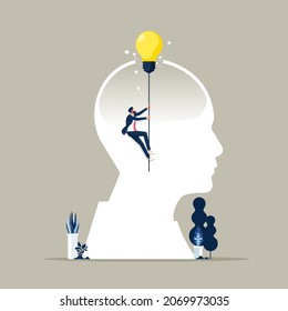 Pensar fuera del concepto de vector, el empresario levantándose alto con bombilla, metáfora de innovación, Concepto solución de ideas de negocios, Desarrollo de ideas