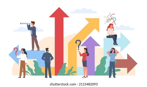 Think people choose path. Alternative options, tiny men and women group looking right solution, difficult crossroad and pathways, employee make decision, vector isolated dilemma concept