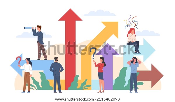 Think\
people choose path. Alternative options, tiny men and women group\
looking right solution, difficult crossroad and pathways, employee\
make decision, vector isolated dilemma\
concept