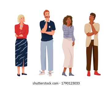 Think people in full length. Different nationality thoughtful men and women thinking about solve problems. Vector illustration of idea brainstorm background.