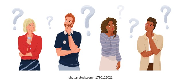 Think People Portrait Collection With Question Sign. Different Nationality Thoughtful Men And Women Thinking About Solve Problems. Vector Illustration Of Brainstorm Banner Background.