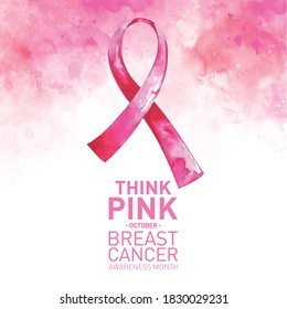 Think Pink October campaign. Breast Cancer Awareness Month vector design with pink ribbon. Watercolor ink splatter effect art. Pink ribbon brush ink vector design for banner, greeting card, poster.
