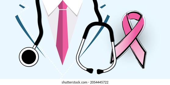 Think pink ribbon awareness symbol. October breast cancer month, icon ribbons. Support and healthcare and medicine concept. Women's living with breast tumor. Prevention of self examination. Stethoscop