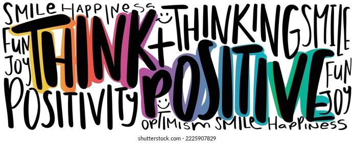 Think positive concept slogan text word cloud. Cover background design.