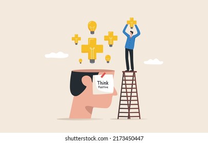 Think positive,  Good mental health will make life better. A businessman stands on a ladder and puts an idea light bulb on a giant human head.