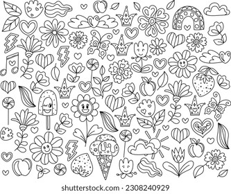 Think positive. Hand drawn coloring pages for kids and adults. Beautiful drawings with patterns. Doodle background. Coloring book pictures with blooming flowers, smiles.