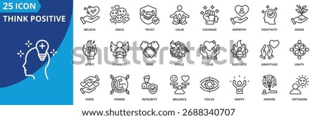 think positive icon set collection in outline style. icon pack contain hope, smile, peace, focus, believe, calm, empathy, positivity, bright, love