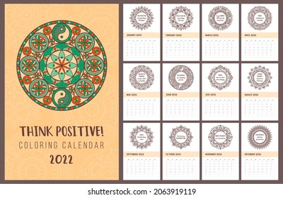 Think positive inspirational coloring pages calendar 2022 with mandalas: serenity and relaxation