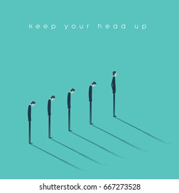 Think positive and keep your head up vector concept. Optimistic businessman standing in front of the line of pessimistic businessman. Eps10 vector illustration.