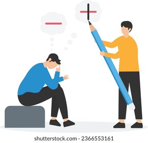 Think positive mindset, optimistic attitude to success in work, Mentor to motivate employee for positivity, Manager using pencil to draw positive sign, Employee negative though for work

