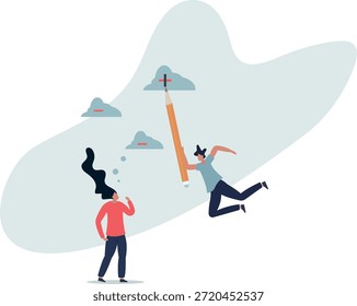 Piensa en la mentalidad positiva, la actitud optimista para el éxito en el trabajo, mentor para motivar a los empleados para el concepto de positividad, la vida y el empleo de las personas.