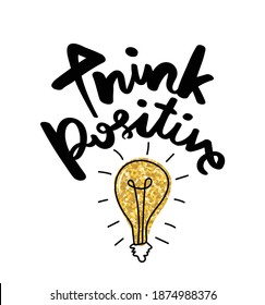 Think positive quote text with light bulb drawing