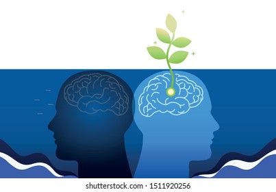 Think positive vs negative concept. Growth mindset skills icon growing plant from the brain. soft skills.- Vector