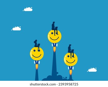 Think positively about the competition. Team of businessmen working on laptops on happiness icons