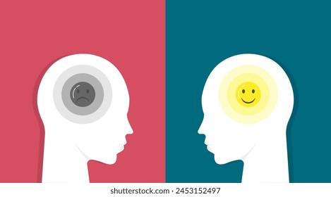 Pensar positivamente, conversación entre dos personas pensamiento positivo y pensamiento negativo, optimista, mentalidad de crecimiento y mentalidad fija. Ilustración vectorial de concepto de negocio