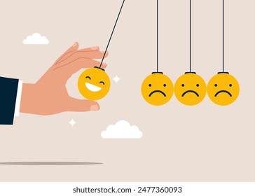 Think positively. Happiness, balance between happiness and sadness, Hand holding smile face pendulum ball to hit other sad faces. Modern vector illustration in flat style