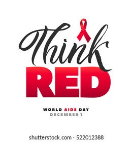 Think Red. World Aids Day 1 December. Red AIDS ribbon isolated on white background with shadow. AIDS awareness. HIV & STI. HIV symbol. HIV disease.