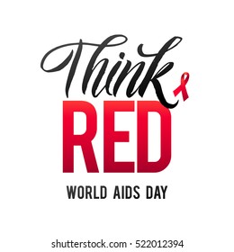 Think Red. World Aids Day 1 December. Red AIDS ribbon isolated on white background with shadow. AIDS awareness. HIV & STI. HIV symbol. HIV disease.