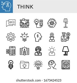 think simple icons set. Contains such icons as Thinking, Chat, Conversation, Light bulb, Brain, Lamp, Idea, Knowledge, Commentator, Brainstorming, can be used for web, mobile and logo