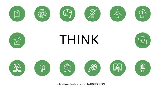piensa en los iconos simples conjunto. Contiene iconos como Idea, Cerebro, Luz Incandescente, Lámpara, Pensamiento, Conocimiento, Pensamiento, Creativo, Bombilla puede ser usado para web, móvil y logotipo