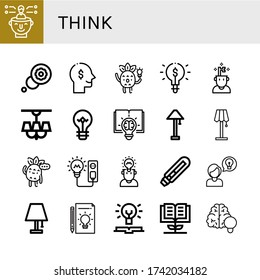 think simple icons set. Contains such icons as Thinking, Thought, Idea, Lamp, Light bulb, Creative, Knowledge, Brain, can be used for web, mobile and logo