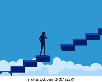 Think of a solution. Businessman stands thinking and making decision on the stairs gap 
