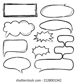 Think and speak with speech bubbles. An artistic collection of hand-drawn doodles in the style of comics with a balloon, a cloud, an illustration in the style of a sketch. 